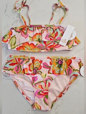 GB girls Pink Floral Ruffle Two-Piece Bikini Swim Suit Size 12 NWT